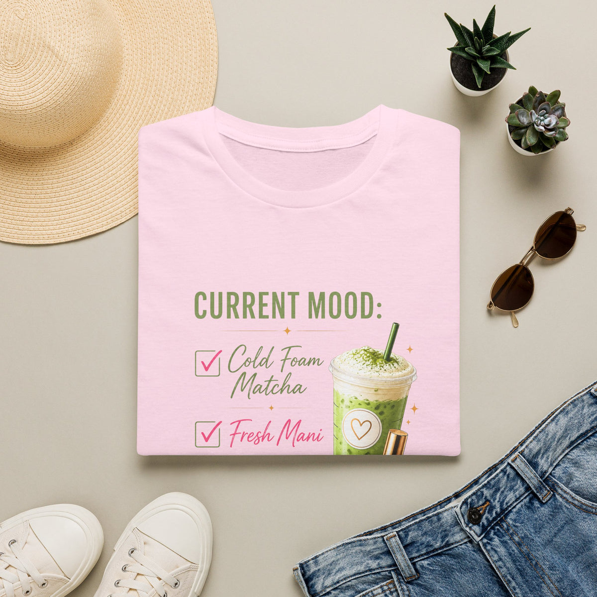 "Current Mood: Cold Foam Matcha + Fresh Mani" 2 Tee